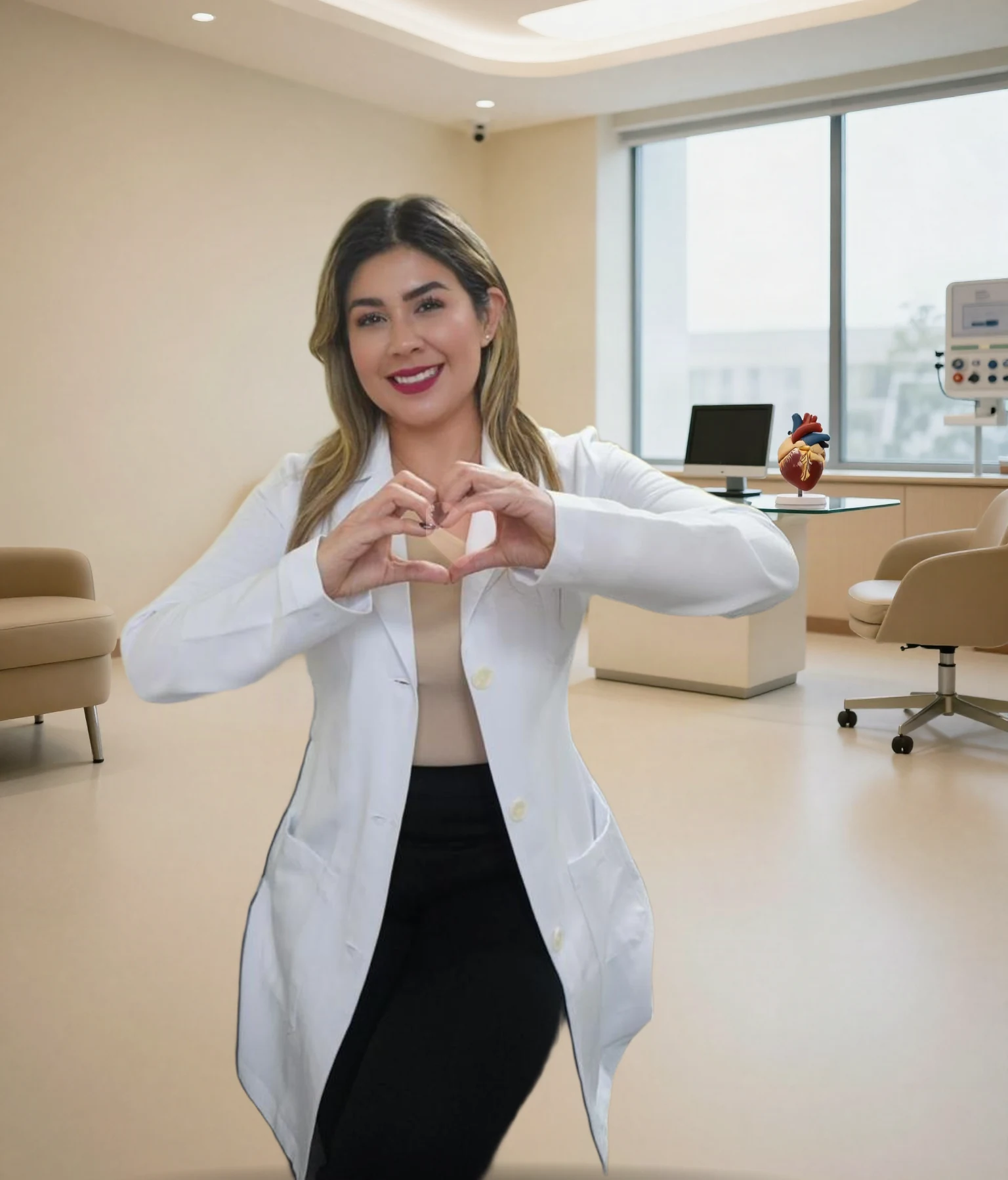 Dra. Rosa Parrales Orellana, cardióloga en Guayaquil, haciendo un corazón con las manos en su consultorio